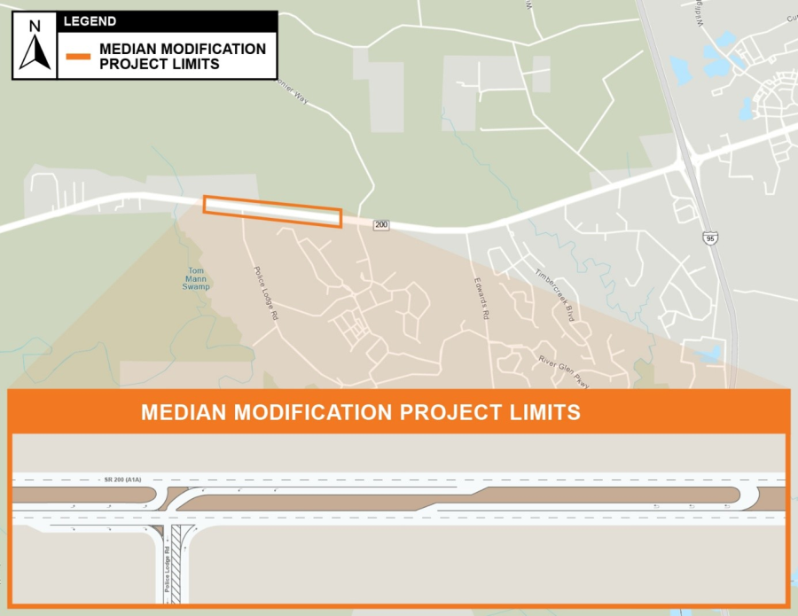 State Road 200 at Police Lodge Road Proposed Median Modification project map