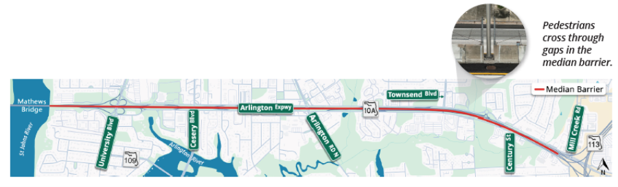 Project Map that shows the length of the project where median barrier closures will occur along the Arlington Expressway from the Mathews Bridge to the Southside Connector