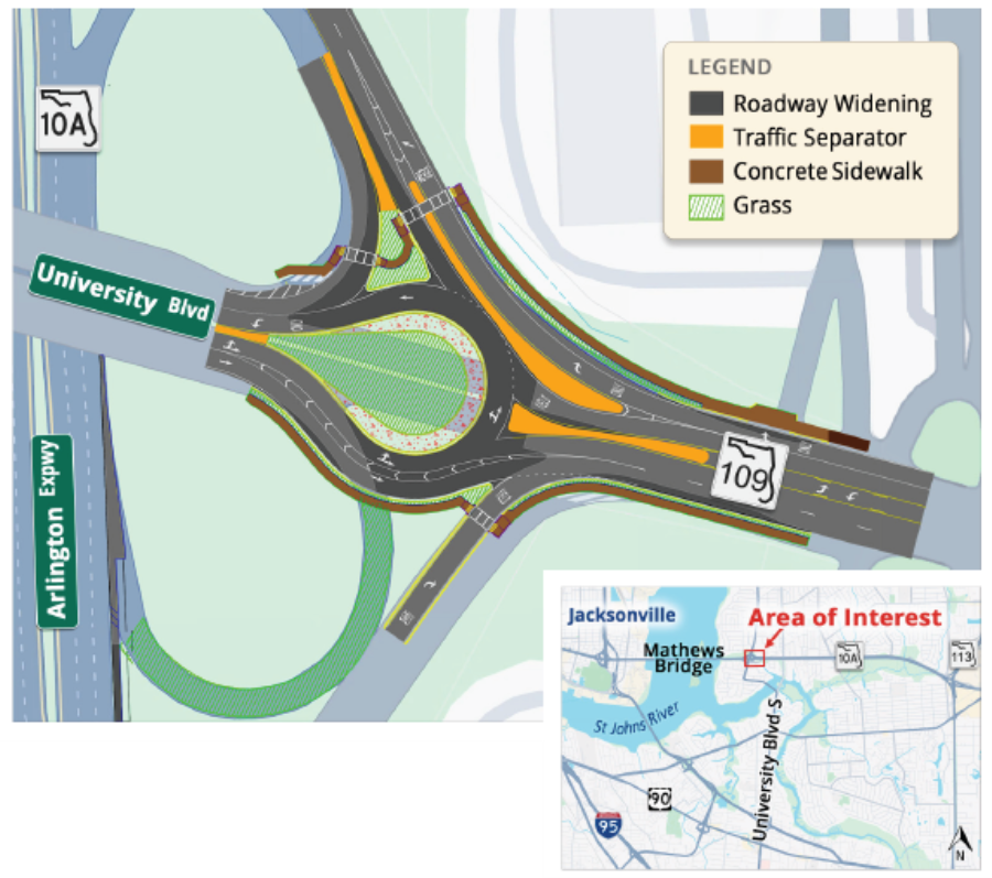 Project Map that shows where the roundabout will be constructed on an overall map of Jacksonville along with an larger image showing what the roundabout will look like once constructed.